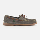 The Paraboot Barth Bateaux Boat Loafer is a gray-brown hand-stitched shoe with brown laces, tan stitching, and a light brown rubber sole, shown in side profile against a white background—highlighting timeless style and craftsmanship.