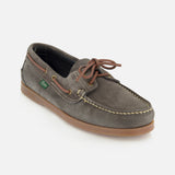 The Paraboot Barth Bateaux Boat Loafer is a single gray suede shoe with brown leather laces, stitching, low profile, rubber sole, side eyelets, and Norwegian welt construction, shown on a white background.