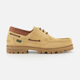 The Briac Suede Lace Loafers by Paraboot feature tan suede, brown laces, leather collar trim, a rugged ridged sole, visible stitching, Norwegian welt construction, and a green side tag, shown against a white background.
