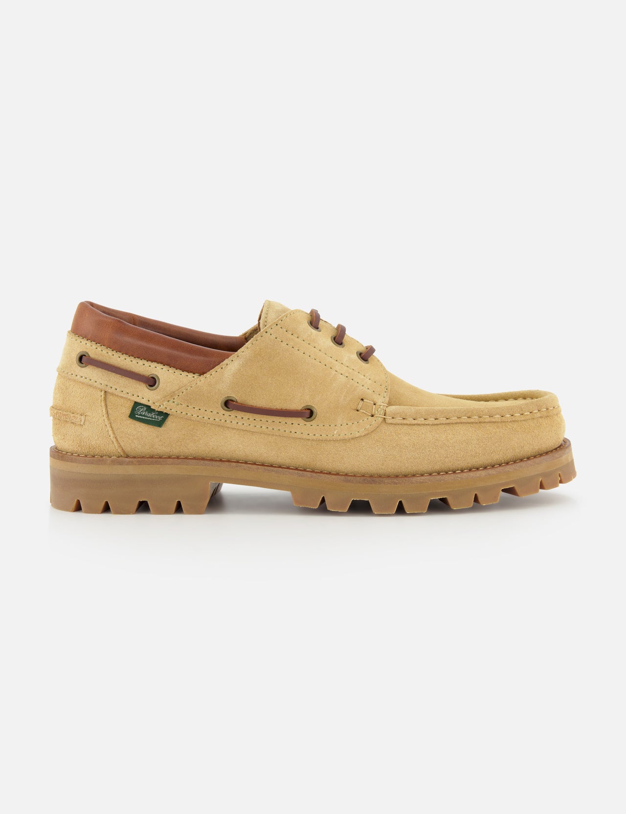 The Briac Suede Lace Loafers by Paraboot feature tan suede, brown laces, leather collar trim, a rugged ridged sole, visible stitching, Norwegian welt construction, and a green side tag, shown against a white background.