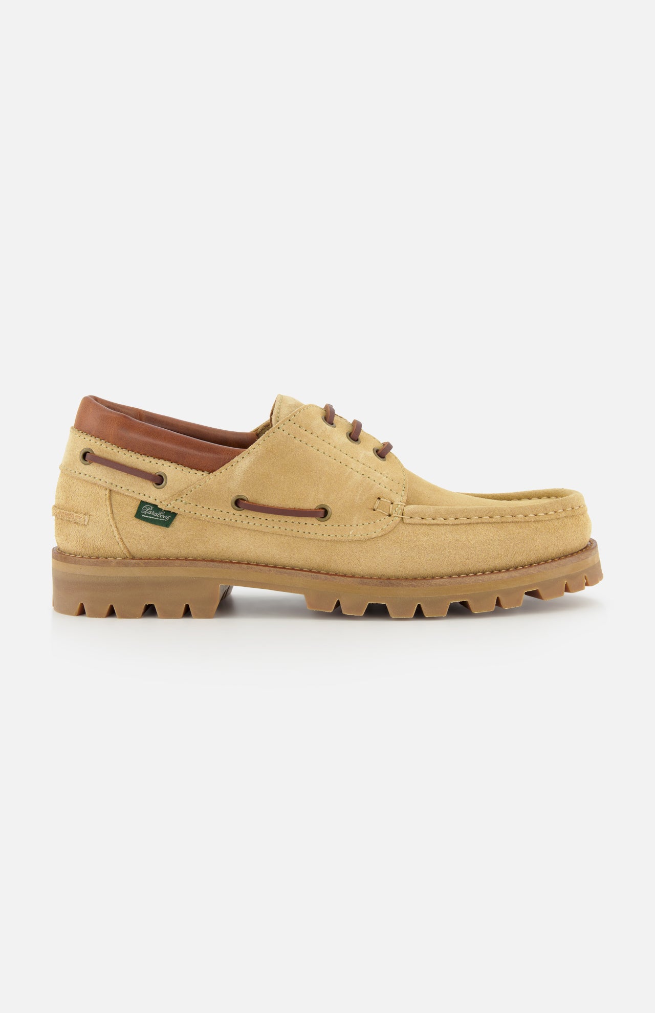 The Briac Suede Lace Loafers by Paraboot feature tan suede, brown laces, leather collar trim, a rugged ridged sole, visible stitching, Norwegian welt construction, and a green side tag, shown against a white background.