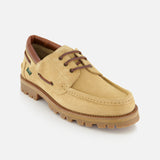 The Paraboot Briac Suede Lace Loafers feature tan suede, brown leather trim, dark brown laces, visible stitching, a rugged rubber sole, and a small green logo tag. Crafted with Norwegian welt construction and shown on a white background.