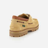 The Paraboot Briac Suede Lace Loafers are beige suede boat shoes with brown leather trim, lugged rubber sole, Norwegian welt construction, and side eyelets, displayed from a rear side angle on a white background.