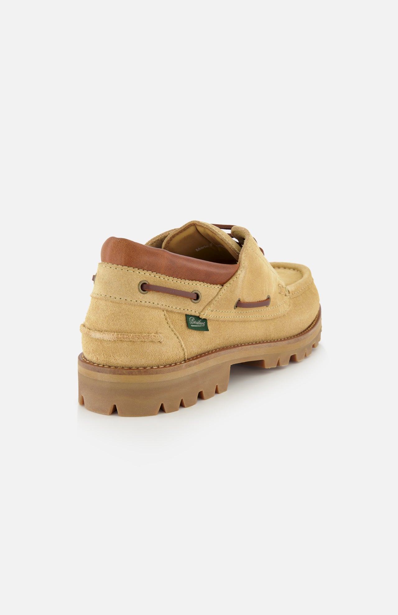 The Paraboot Briac Suede Lace Loafers are beige suede boat shoes with brown leather trim, lugged rubber sole, Norwegian welt construction, and side eyelets, displayed from a rear side angle on a white background.