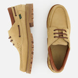 Top-down view of Paraboot Briac Suede Lace Loafers in tan with brown laces, rugged tan rubber soles, and brown leather accents on heel and collar, featuring Norwegian welt construction, shown on a white background.