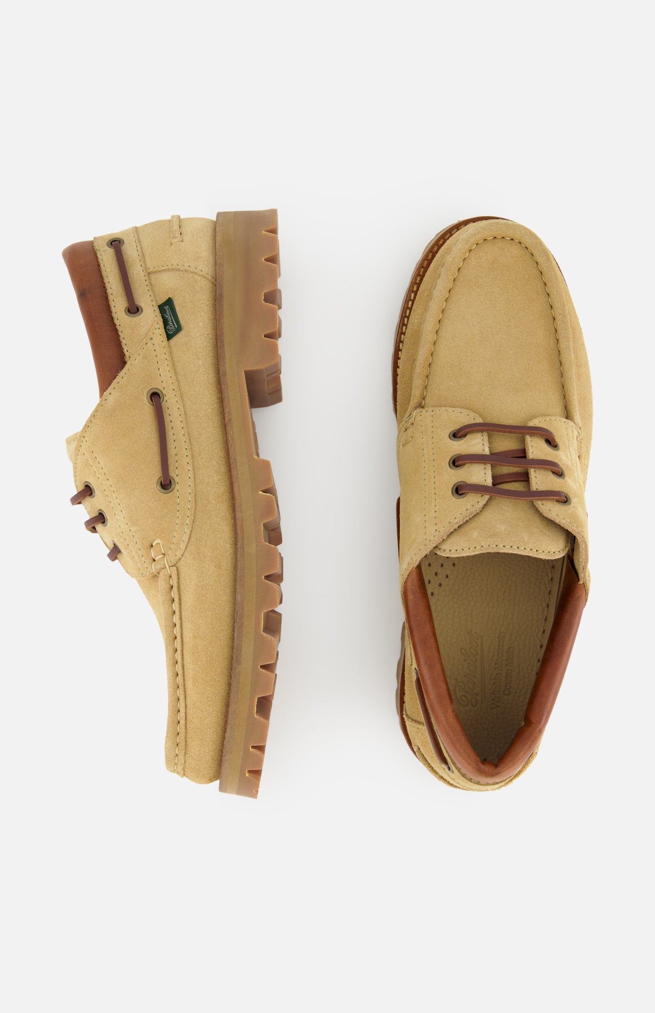 Top-down view of Paraboot Briac Suede Lace Loafers in tan with brown laces, rugged tan rubber soles, and brown leather accents on heel and collar, featuring Norwegian welt construction, shown on a white background.