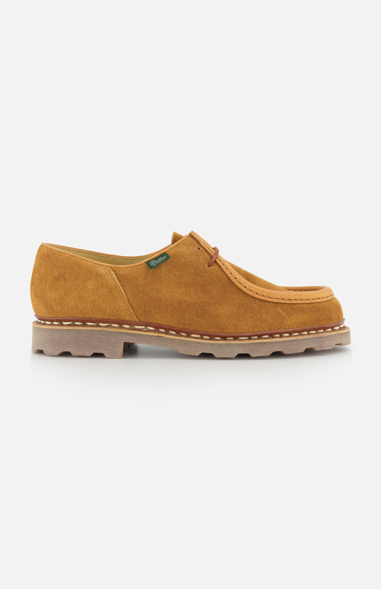The Michael Derby Lace Loafer by Paraboot features tan suede, visible stitching, a lace-up front, low heel, and a thick textured beige rubber sole.