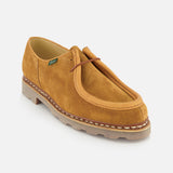 The Paraboot Michael Derby Lace Loafer features tan suede, a thick ridged rubber sole, visible white stitching, leather piping, and lace-up front with Norwegian welt construction—made in France and shown on a plain white background.