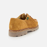 The Paraboot Michael Derby Lace Loafer features tan suede, brown stitching, a thick beige sole, Norwegian welt construction, and a small green side tag, shown from the rear and angled against a white background.