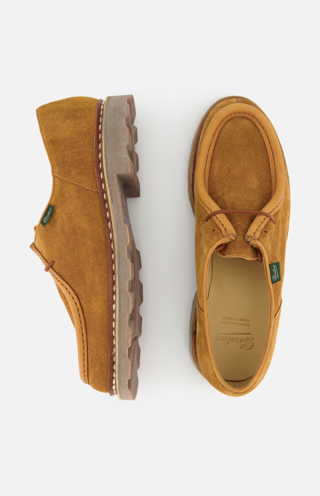 The Paraboot Michael Derby Lace Loafer features tan suede, chunky rubber soles, and Norwegian welt construction, displayed from the side and top views on a white background.