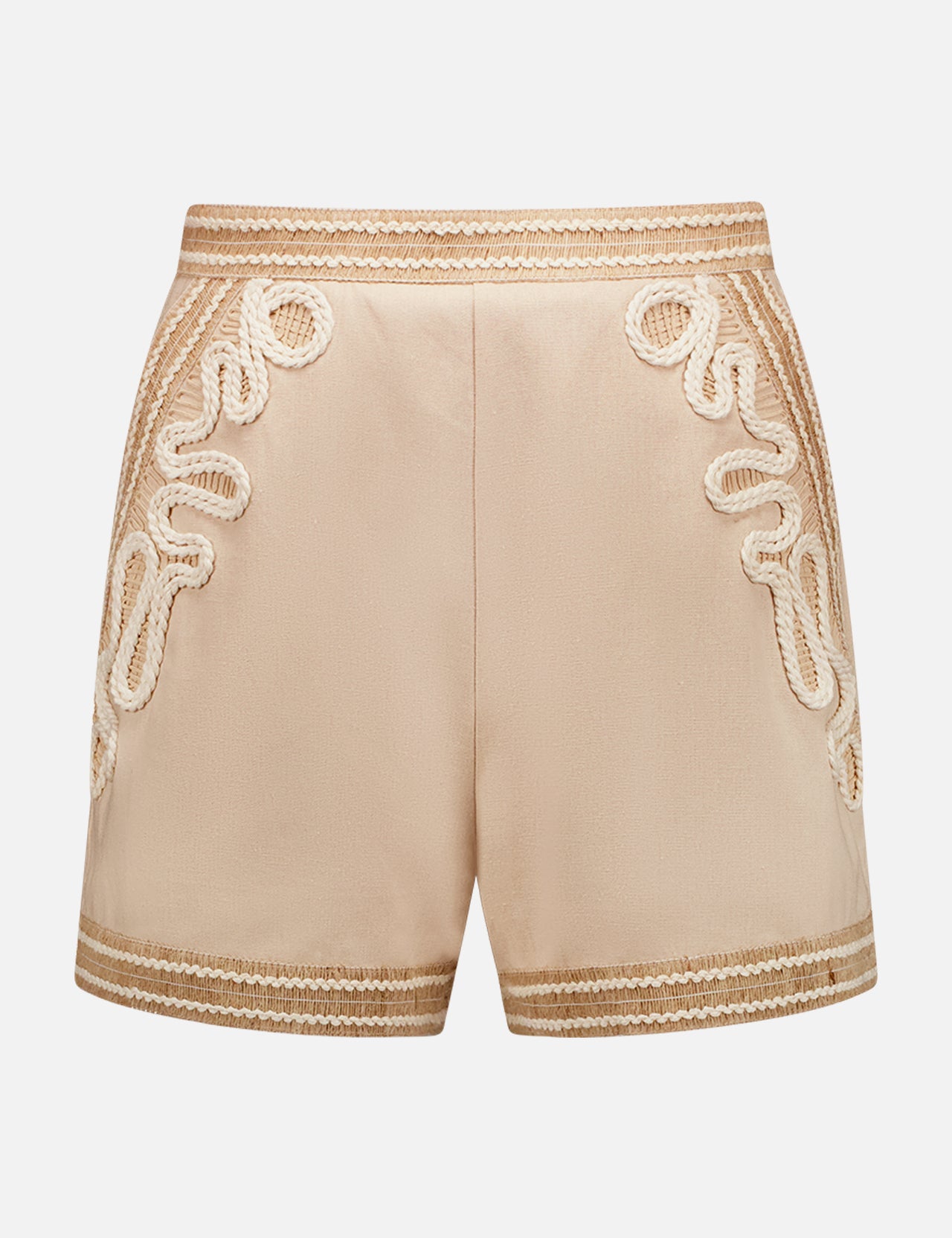PATBO Embroidered Linen Shorts in beige feature high-waisted design with cream and gold rope embroidery along the waistband, pockets, and hem, plus decorative woven patterns for a chic neutral look.