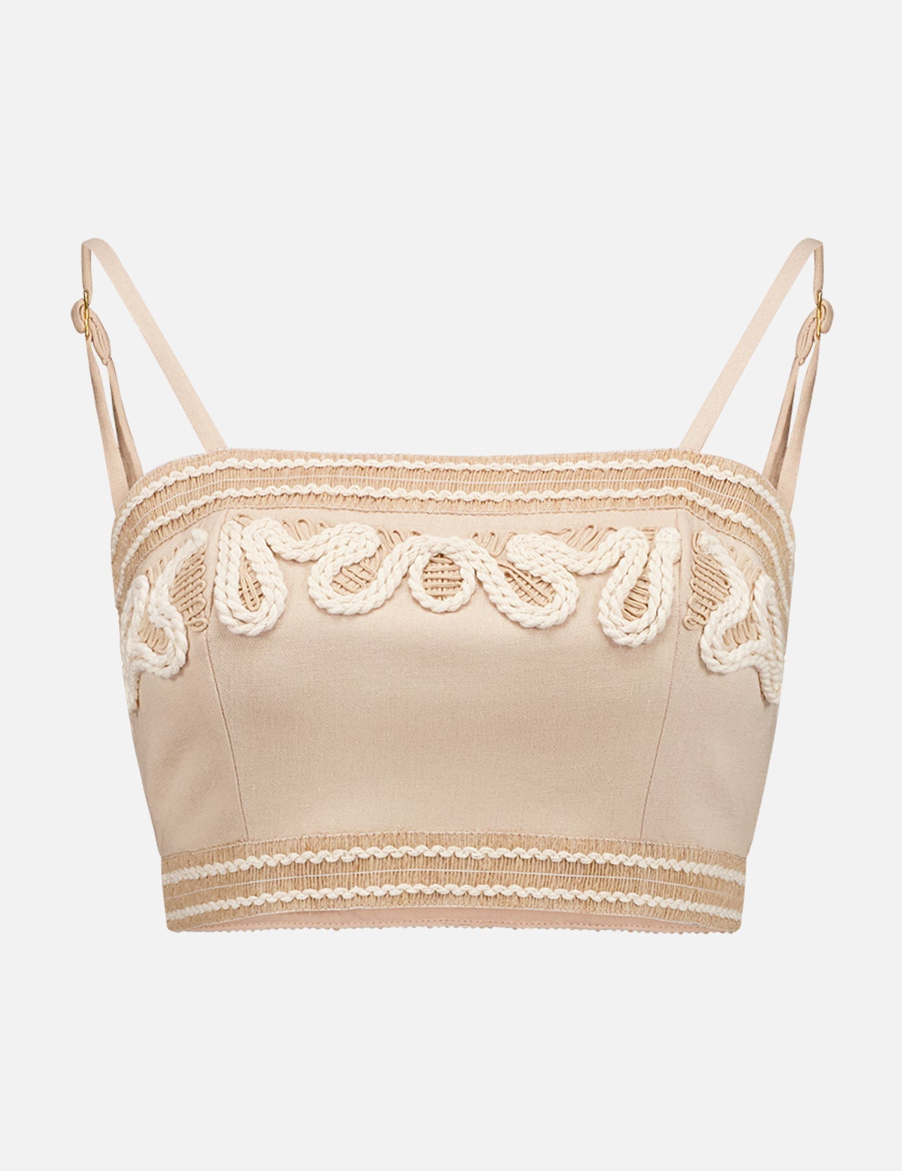 PATBO's Embroidered Linen Top is a beige fitted crop with a sweetheart neckline, thin adjustable straps, and cream embroidered detailing along textured edges for a delicate finish.