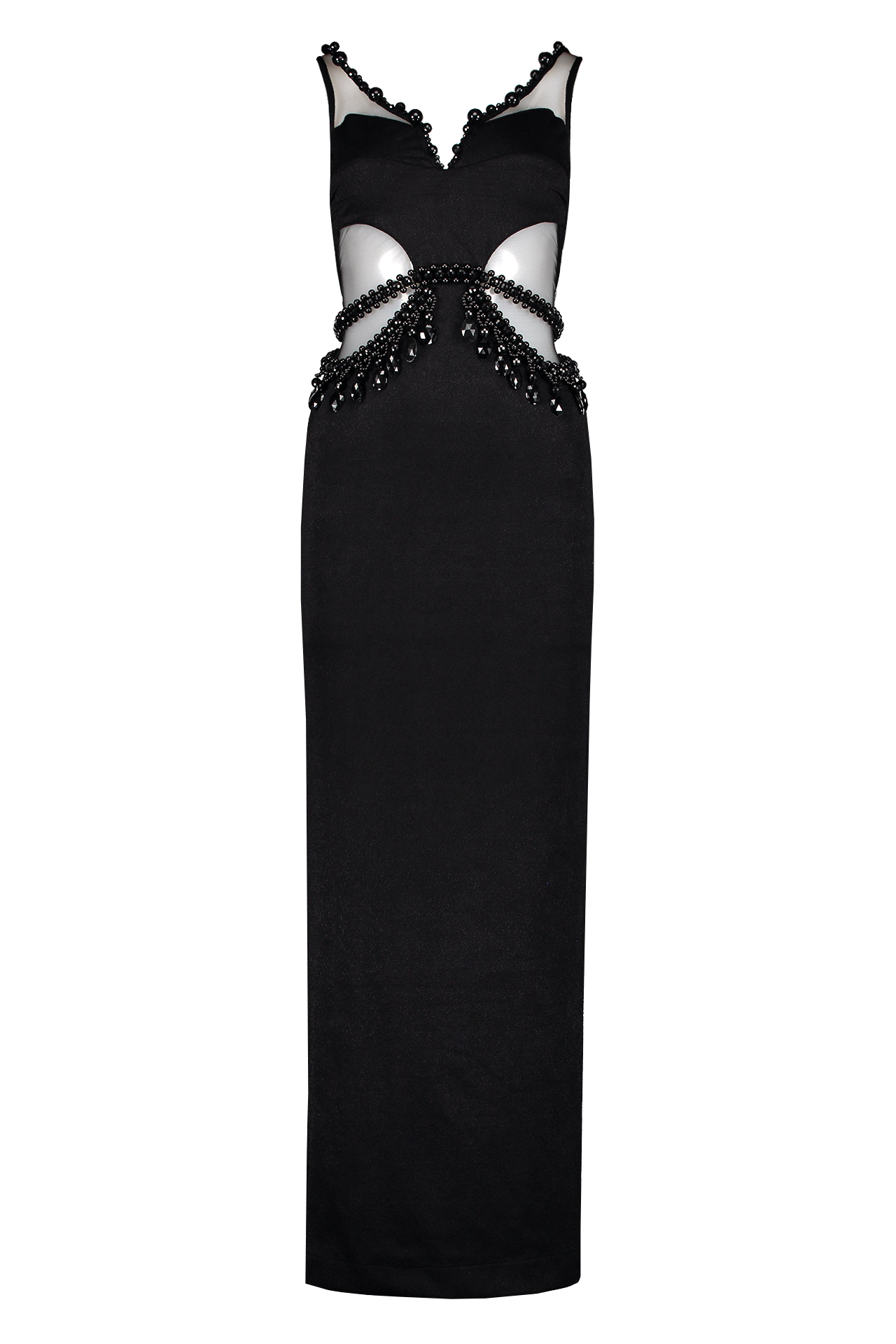 Mesh Panel Hand-Beaded Maxi Dress (7120870408307)