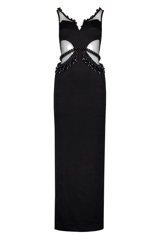 Mesh Panel Hand-Beaded Maxi Dress (7120870408307)