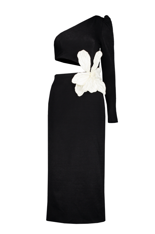 One Shoulder Maxi Dress W/ Flower Applique (7120861790323)