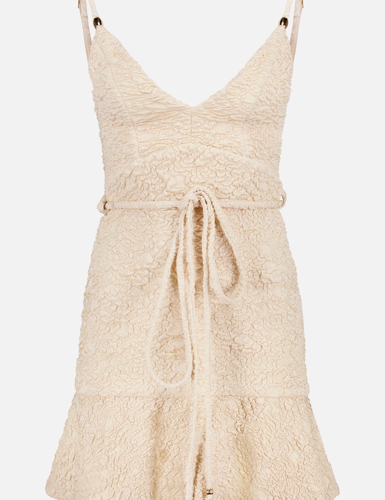 The PATBO Papillon Jacquard Mini Dress is a sleeveless cream mini dress featuring stretch jacquard fabric, a V-neckline, adjustable shoulder straps, a tied waist belt, and a ruffled hem.