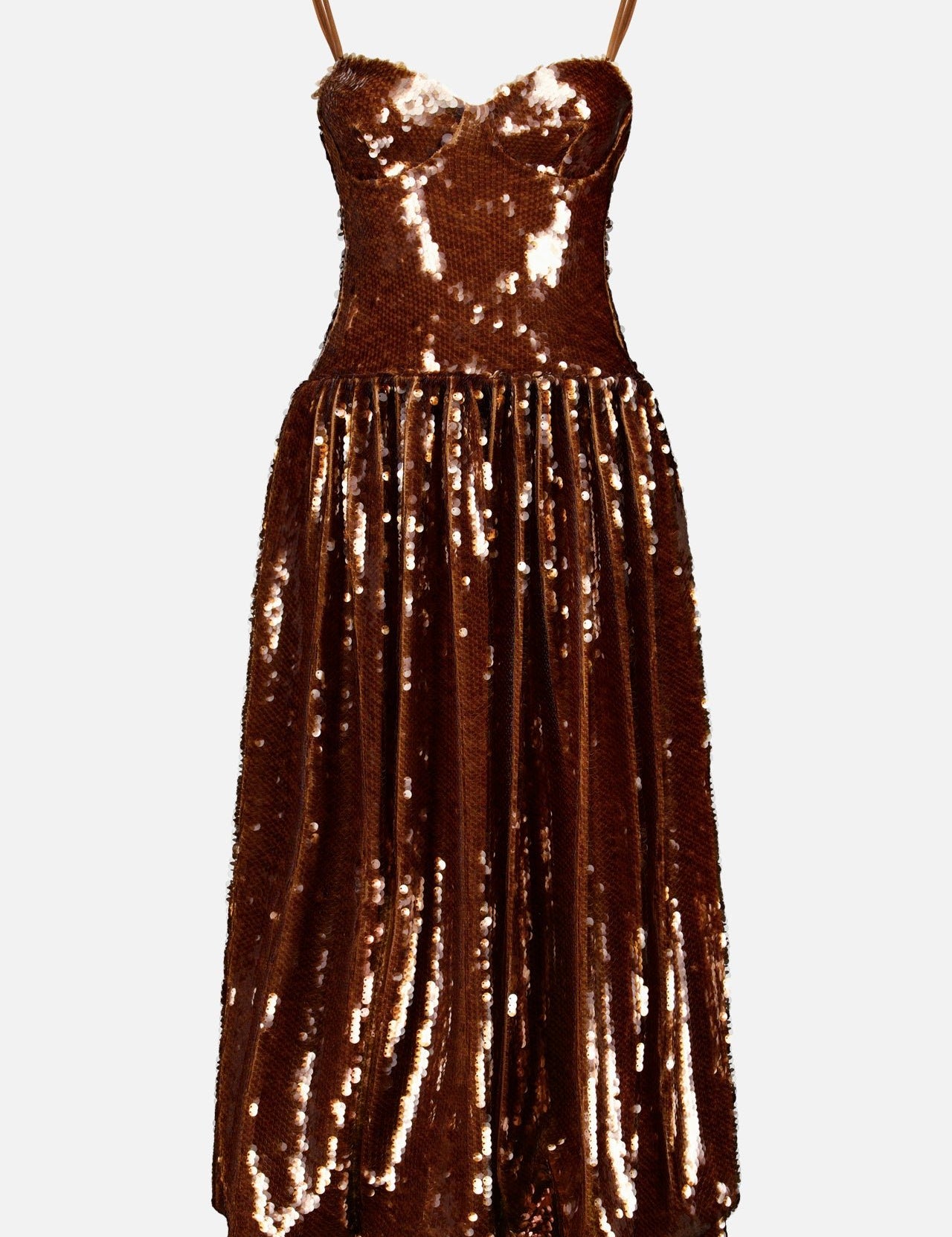 The PATBO Sequin Balloon Hem Midi Dress features a sleeveless design, thin straps, fitted bodice, and flared mid-length skirt. Its shimmering bronze sequins make it the perfect standout choice for any special occasion.