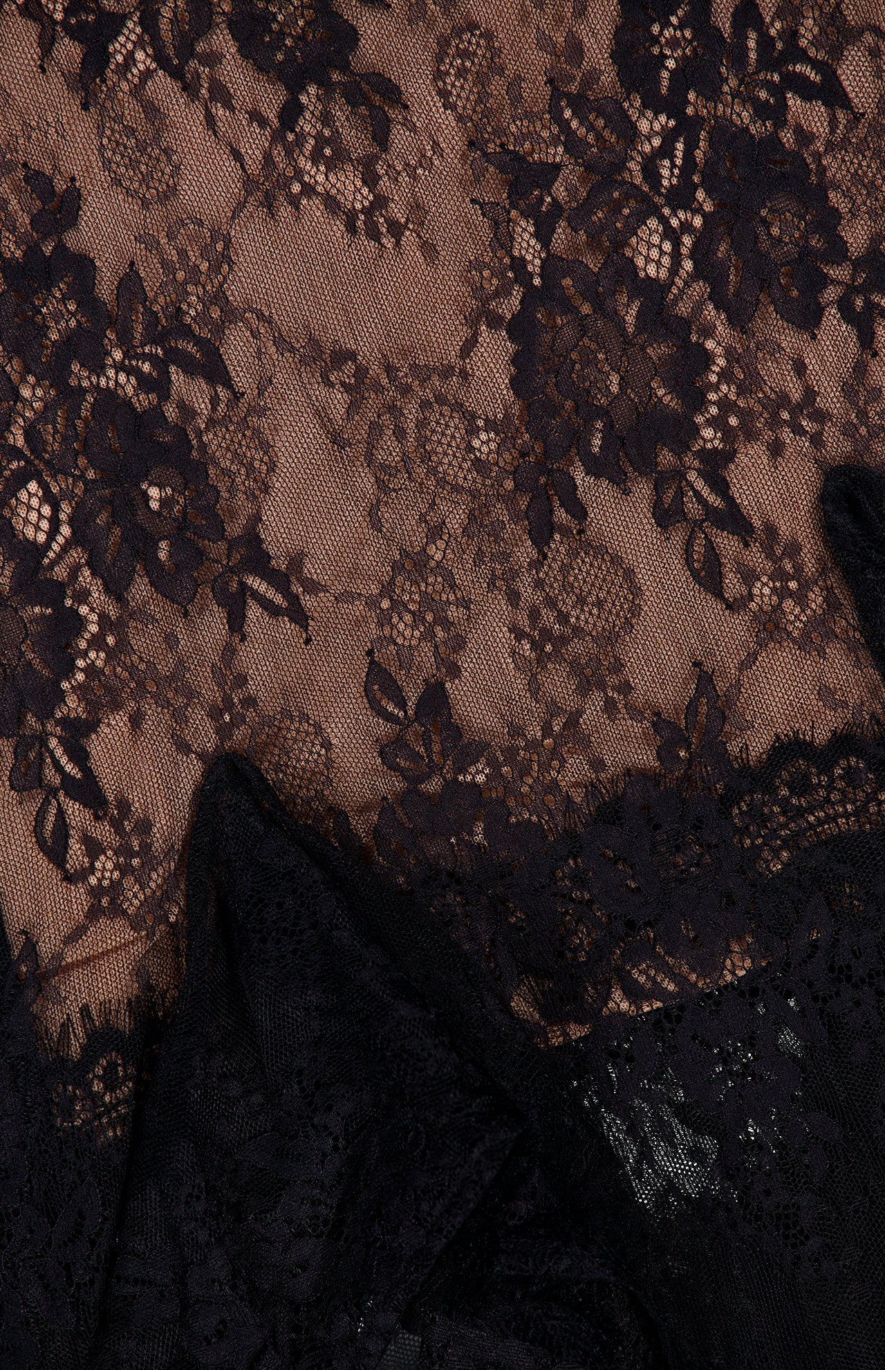 Bianca Lace Deep V-neck Gown featuring a black sheer floral lace overlay on a nude-colored background.
