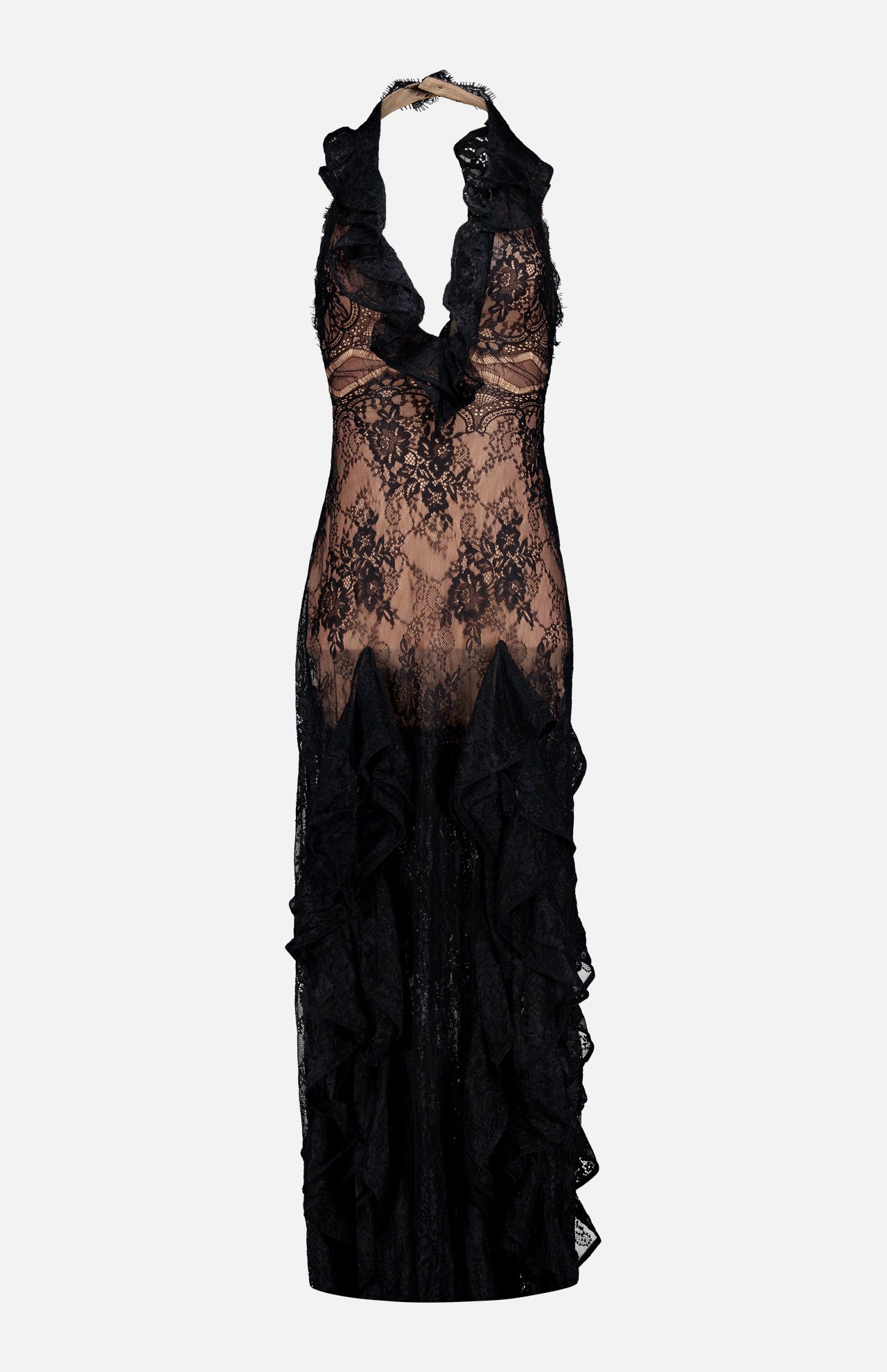 Bianca Lace Deep V-neck Gown in black, featuring a sheer floral lace design with a deep V-neck, halter neckline, and ruffled detailing.