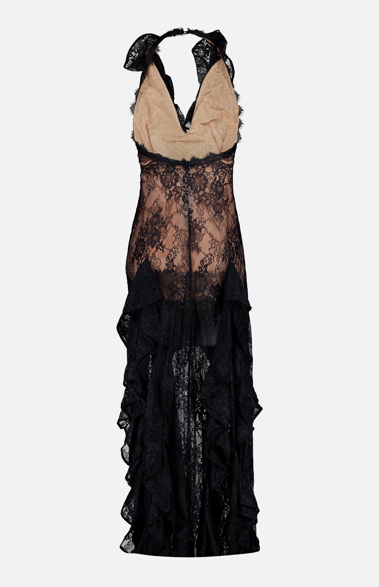 Bianca Lace Deep V-neck Gown in black lace with a deep V-neckline, ruffled high-low hem over a tan lining, and an open back.