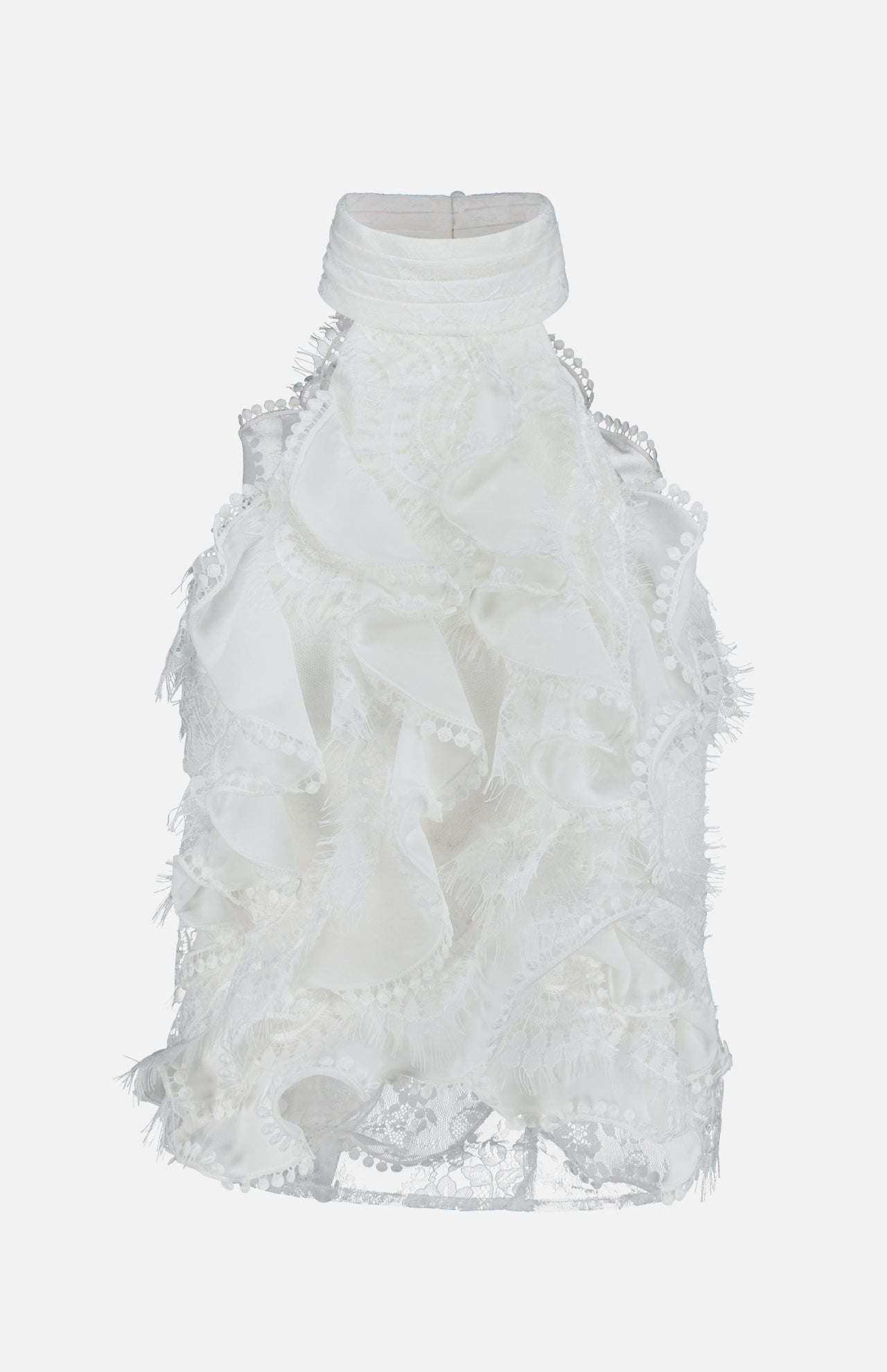 Off-white sleeveless high-neck Bianca Lace Top featuring layers of ruffled lace trim.