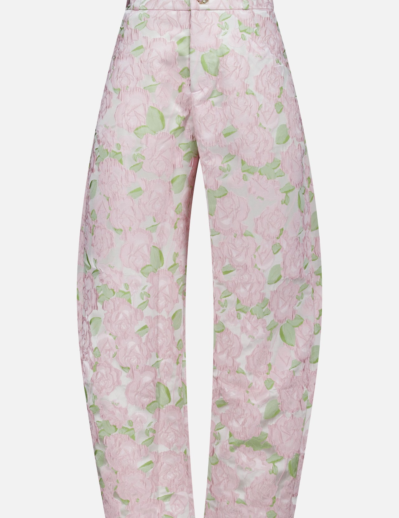 The Garden Jacquard Pants by PATBO are high-waisted, wide-leg cropped trousers adorned with a delicate pink and green floral jacquard on a white background, finished with a front button and zip closure—ideal for achieving an elegant garden party look.