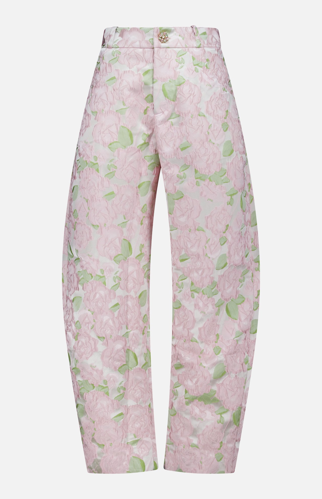The Garden Jacquard Pants by PATBO are high-waisted, wide-leg cropped trousers adorned with a delicate pink and green floral jacquard on a white background, finished with a front button and zip closure—ideal for achieving an elegant garden party look.