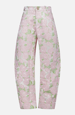 The Garden Jacquard Pants by PATBO are high-waisted, wide-leg cropped trousers adorned with a delicate pink and green floral jacquard on a white background, finished with a front button and zip closure—ideal for achieving an elegant garden party look.