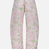 Back view of the PATBO Garden Jacquard Pants—high-waisted, wide-leg trousers adorned with a light pink floral jacquard pattern and green leaves on a crisp white background, ideal for creating a chic garden party look.