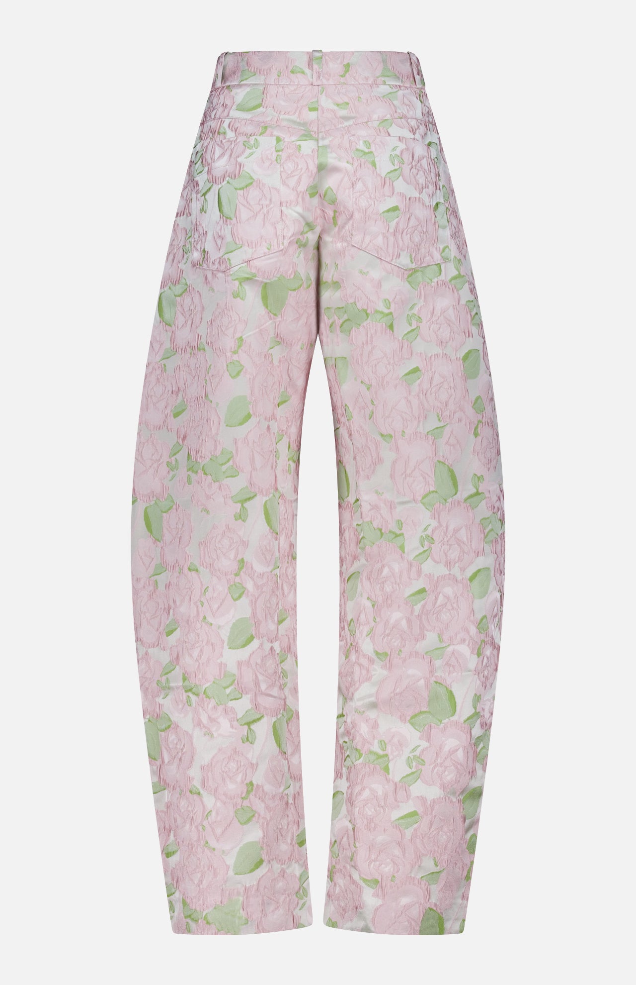 Back view of the PATBO Garden Jacquard Pants—high-waisted, wide-leg trousers adorned with a light pink floral jacquard pattern and green leaves on a crisp white background, ideal for creating a chic garden party look.