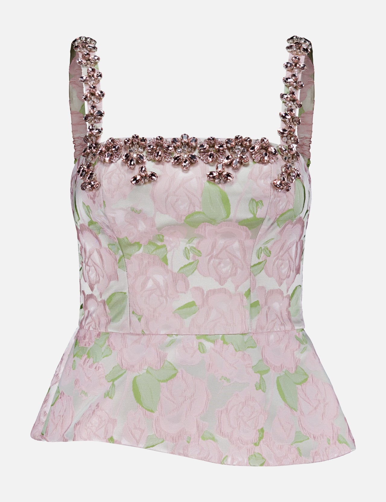 The Garden Jacquard Crystal Top by PATBO features a light pink floral jacquard design with a sleeveless silhouette and square neckline. Embellished with pink beads and delicate crystal accents along the neckline and straps, it boasts a fitted bodice and subtle peplum hem that create an elegant look—perfect for your next night out.