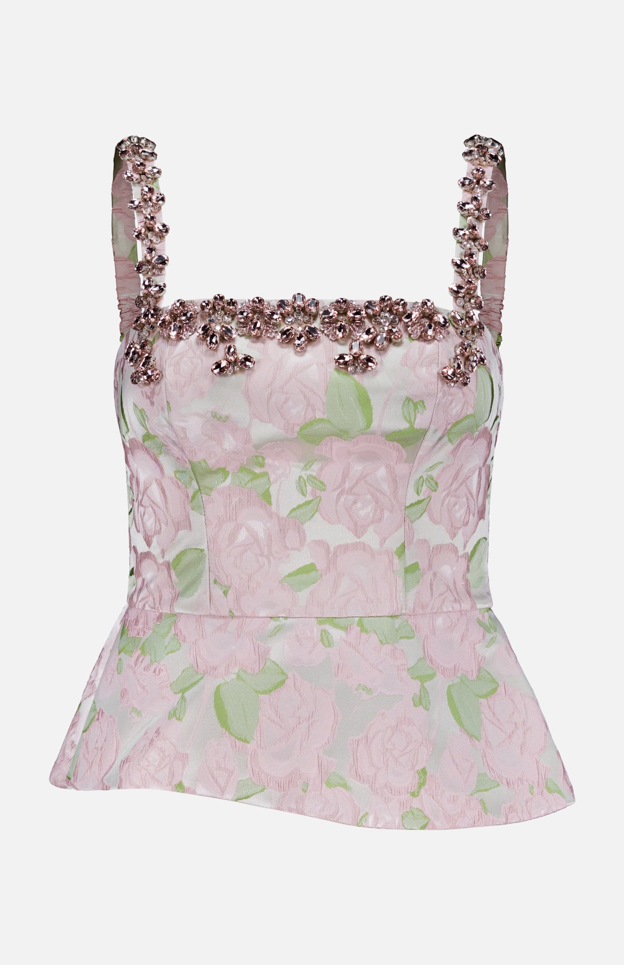 The Garden Jacquard Crystal Top by PATBO features a light pink floral jacquard design with a sleeveless silhouette and square neckline. Embellished with pink beads and delicate crystal accents along the neckline and straps, it boasts a fitted bodice and subtle peplum hem that create an elegant look—perfect for your next night out.