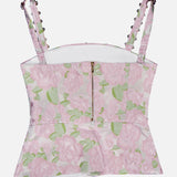 The PATBO Garden Jacquard Crystal Top showcases a pastel pink and green floral jacquard design, finished with decorative crystal-embellished straps and a gold back zipper—an eye-catching going-out top displayed against a white background.