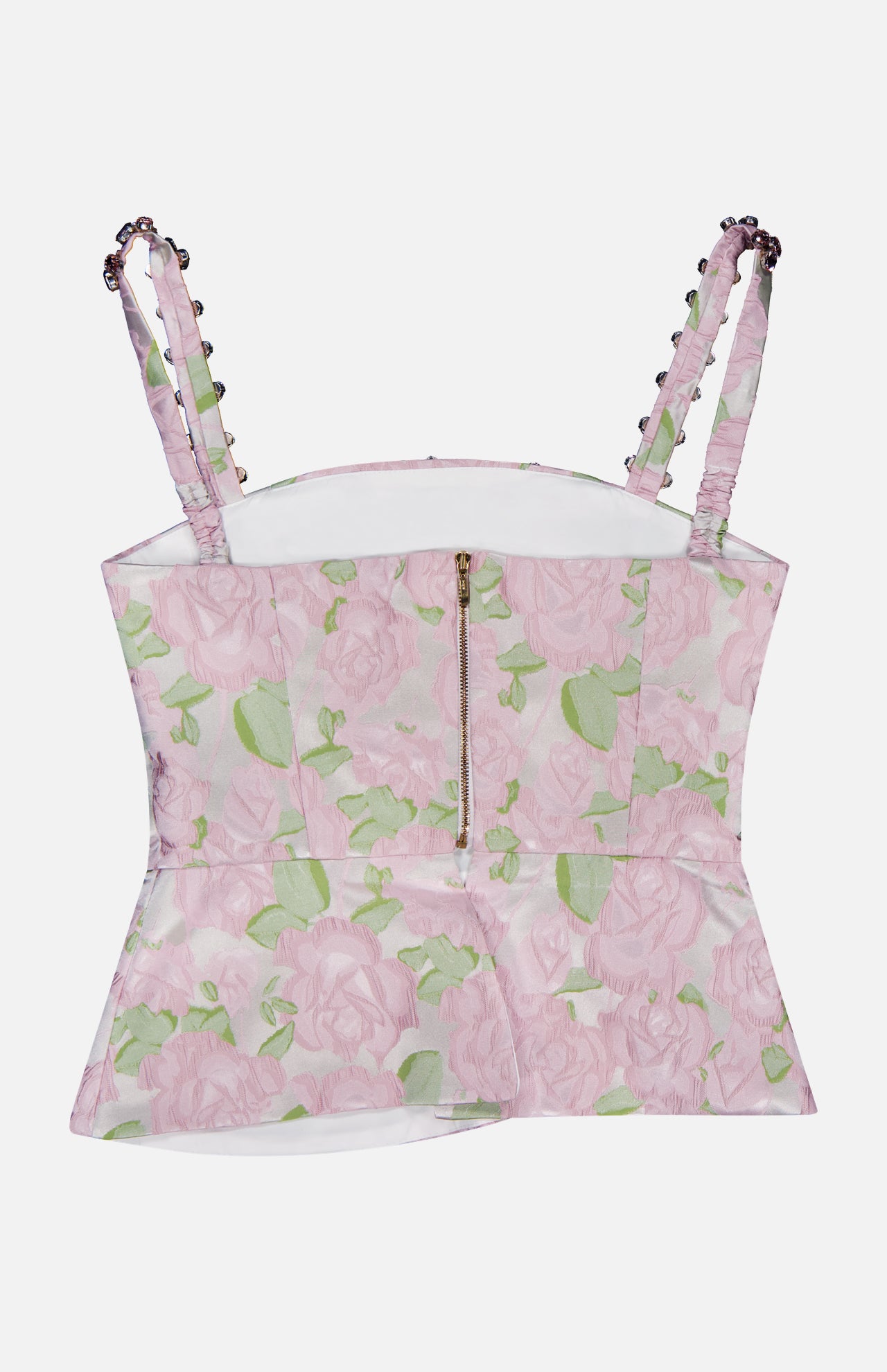 The PATBO Garden Jacquard Crystal Top showcases a pastel pink and green floral jacquard design, finished with decorative crystal-embellished straps and a gold back zipper—an eye-catching going-out top displayed against a white background.