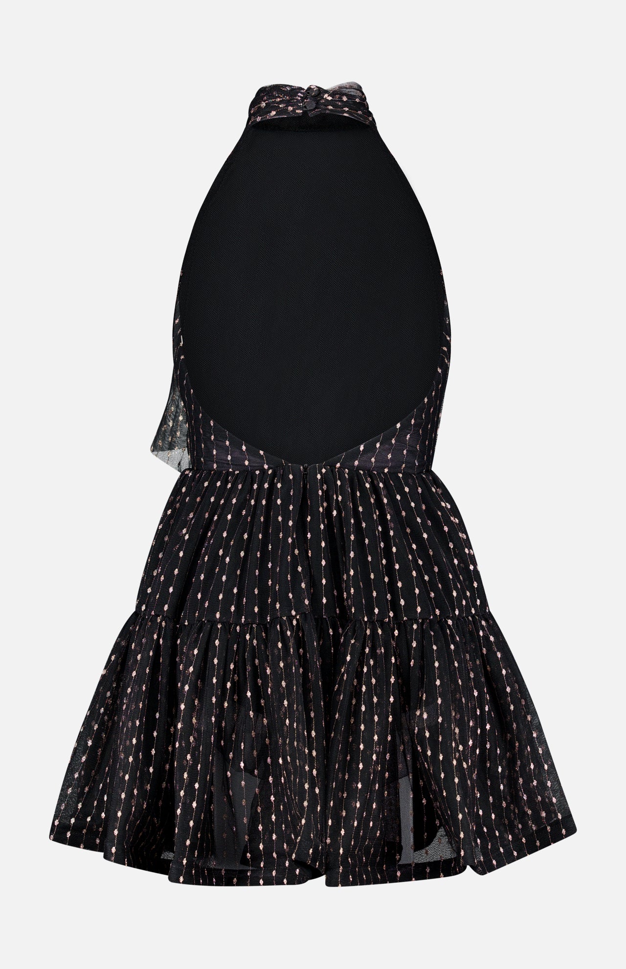 The Olga Tulle Short Dress by PATBO is a sleeveless black mini dress with a halter neckline and an open back, featuring a flared, tiered skirt decorated with small, light-colored dotted lines.
