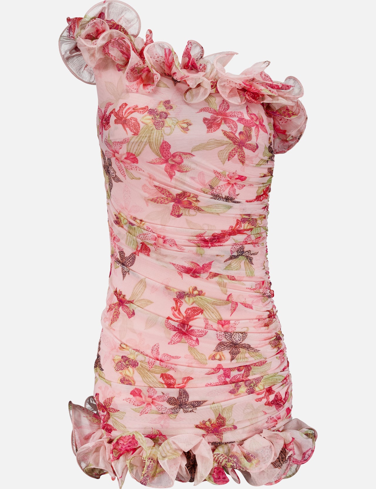 The PATBO Orchid Bloom One Shoulder Chiffon Mini Dress features a fitted, sleeveless design with sheer ruched fabric, orchid floral print in pink, green, and cream tones on light pink, plus ruffled neckline and hem details.