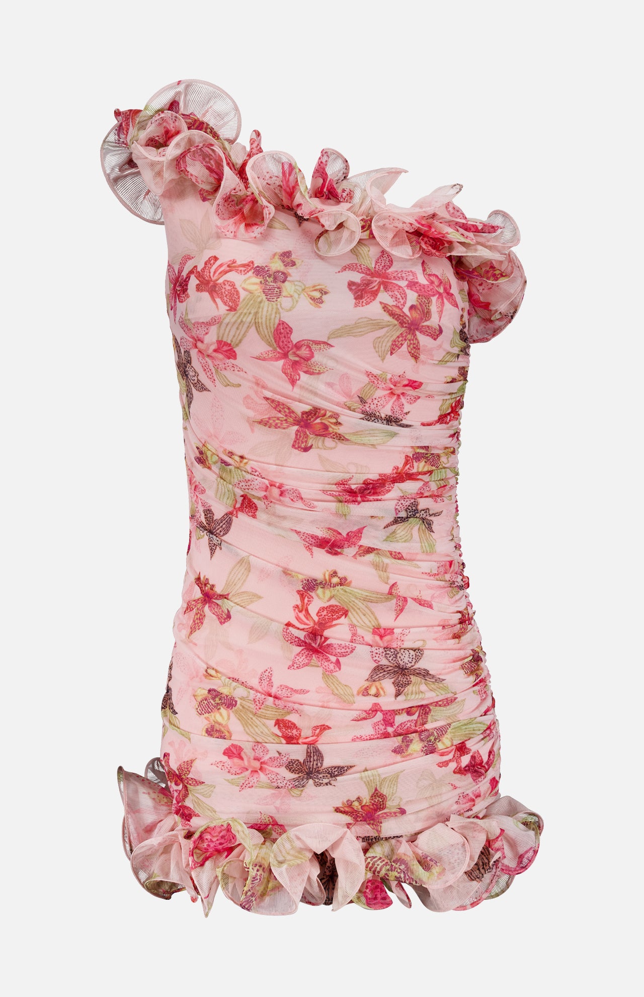 The PATBO Orchid Bloom One Shoulder Chiffon Mini Dress features a fitted, sleeveless design with sheer ruched fabric, orchid floral print in pink, green, and cream tones on light pink, plus ruffled neckline and hem details.