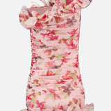 The PATBO Orchid Bloom One Shoulder Chiffon Mini Dress is pink with an orchid floral print, featuring ruching and ruffled trim on the neckline, shoulder, and hem.