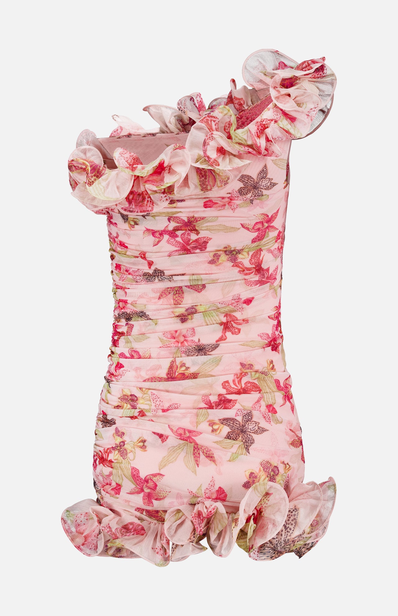 The PATBO Orchid Bloom One Shoulder Chiffon Mini Dress is pink with an orchid floral print, featuring ruching and ruffled trim on the neckline, shoulder, and hem.