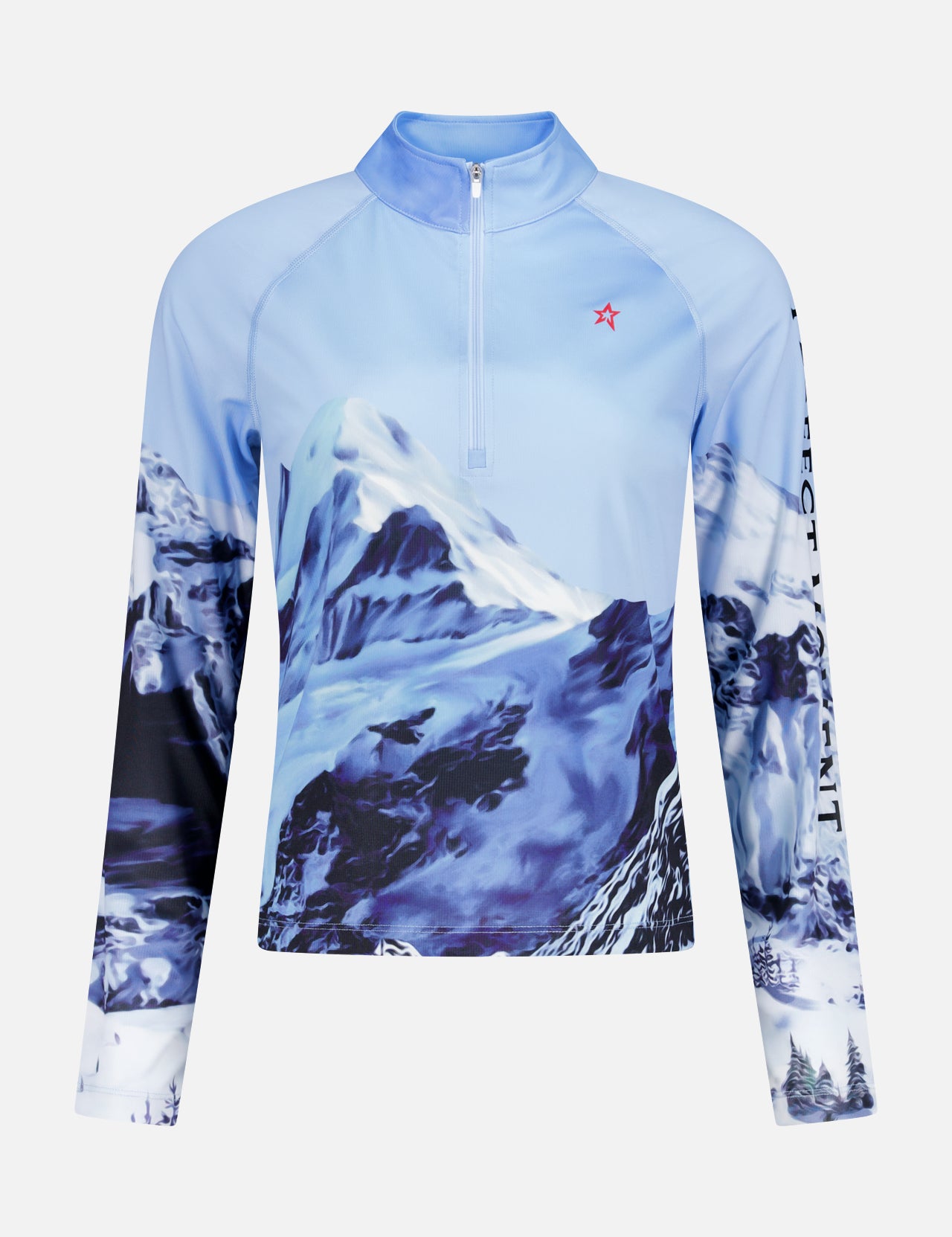The PERFECT MOMENT 1/4 Zip Base Layer Ski Top features a blue and white mountain print, red star on the chest, black text on the sleeve, and moisture-wicking fabric—ideal for winter sports fans.