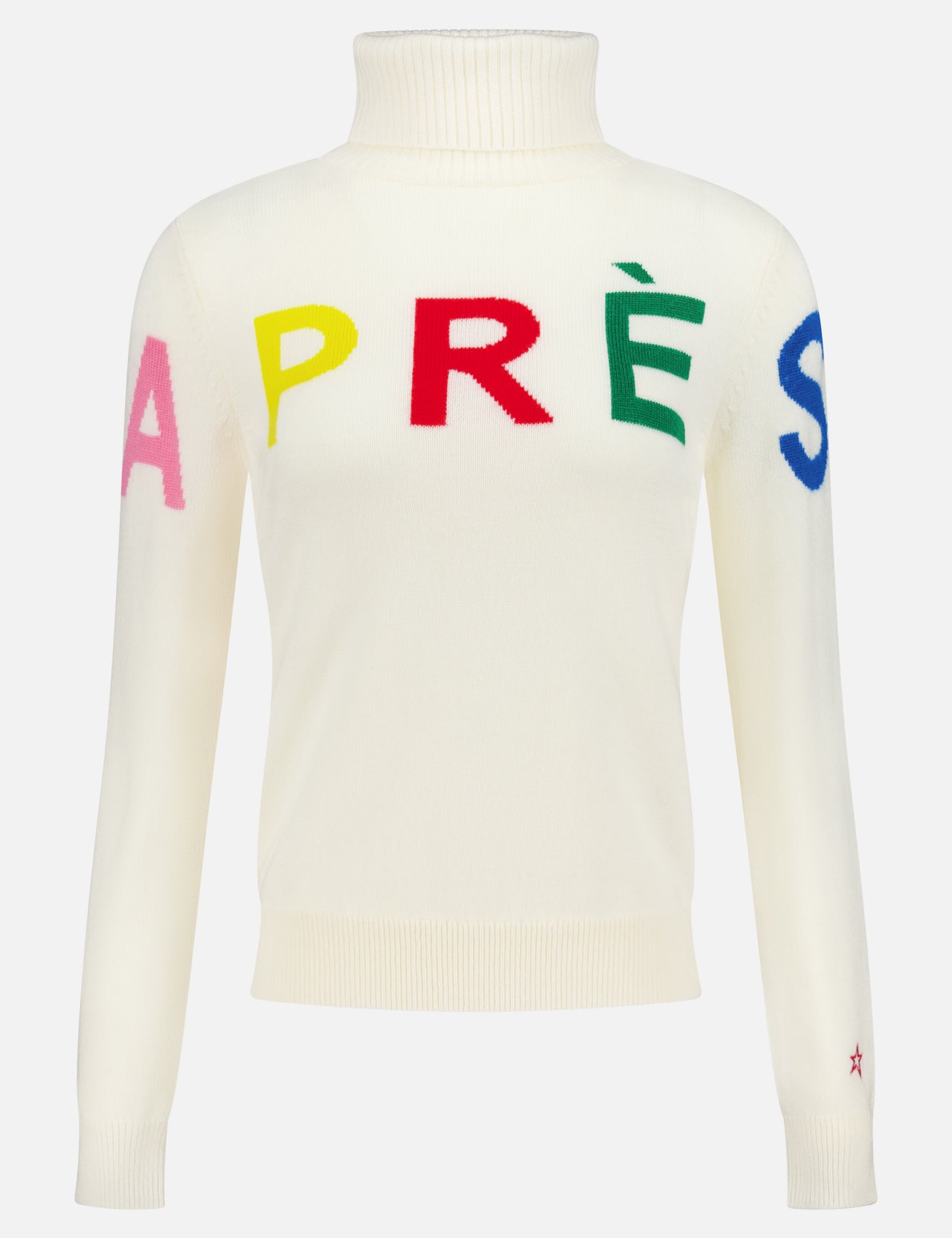 The Après Slim Sweater II by PERFECT MOMENT is a slim fit white sweater with "APRÈS" in bold, colorful letters across the chest—offering a playful and cozy après-ski style.