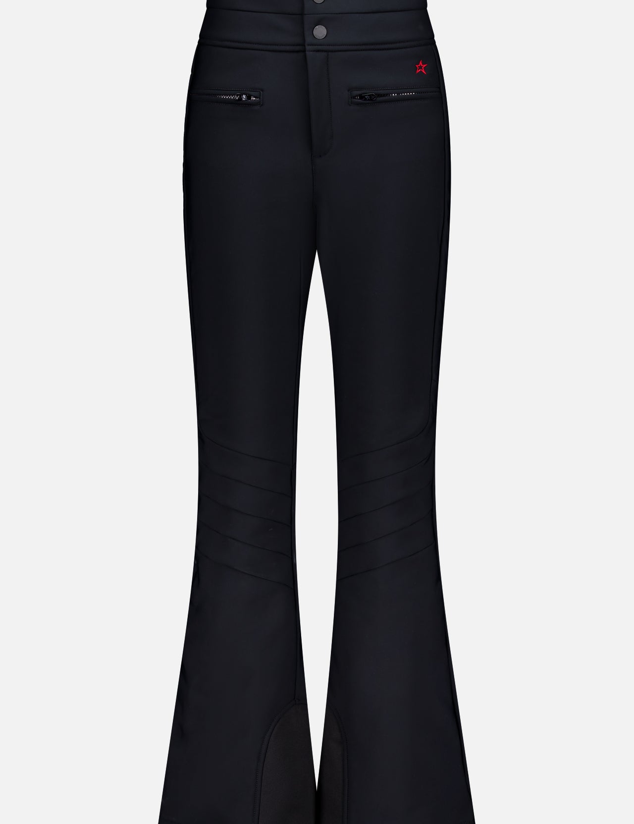 The Aurora High Waisted Ski Pant by PERFECT MOMENT is a black, flared, water-resistant ski pant featuring front zipper pockets, knee seam detailing, a snap waistband closure, and a small red logo near the right pocket.