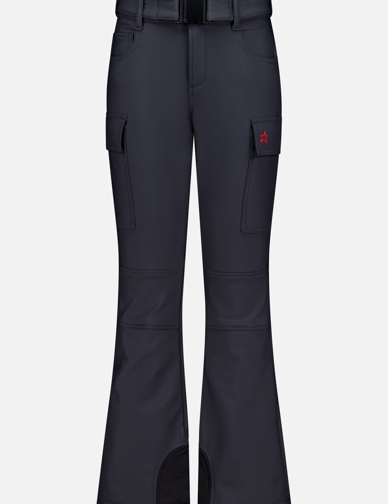 The Flared Cargo Ski Pant by PERFECT MOMENT features black water-resistant fabric, front and side pockets, a matching belt, and visible stitching details. Shown on a white background.