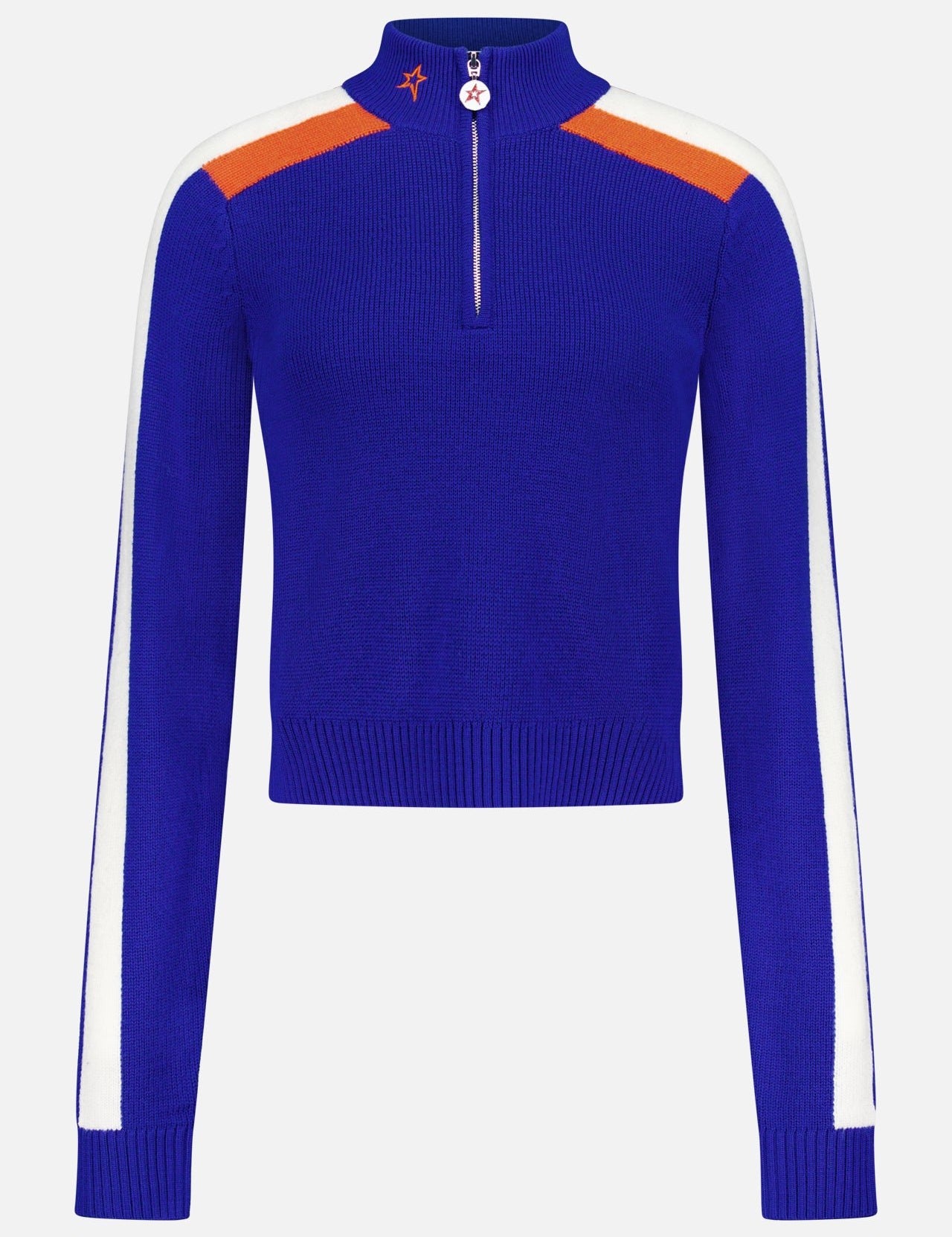 The La Tour Quarter Zip Sweater by PERFECT MOMENT features royal blue fabric, orange and white shoulder stripes, a star on the collar, and a playful pink button—perfect for elevating your alpine style.