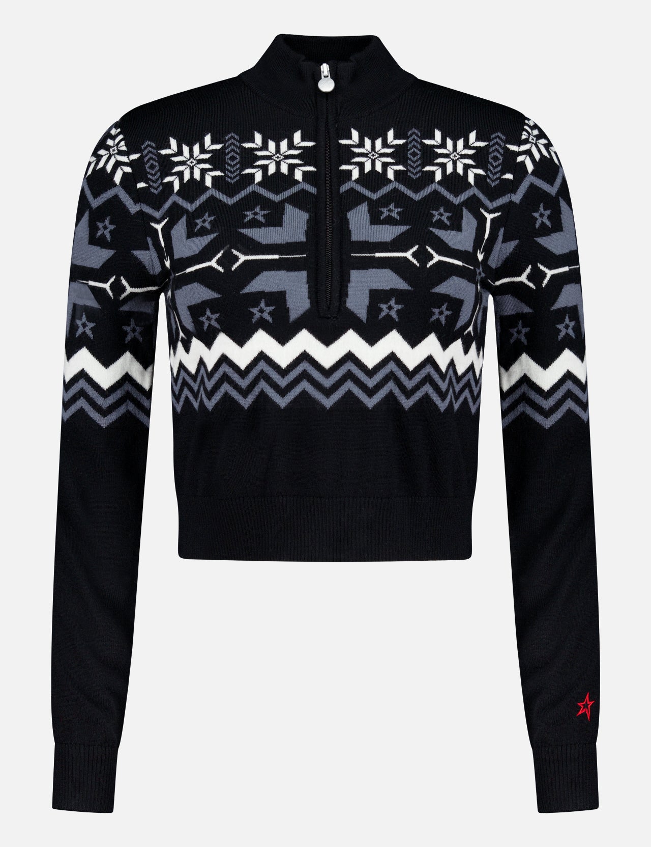The PERFECT MOMENT Nordic Merino Wool Half-Zip Sweater features black, white, and gray geometric and snowflake patterns, a red star on the left cuff, and a cozy merino wool build—ideal for winter sports.