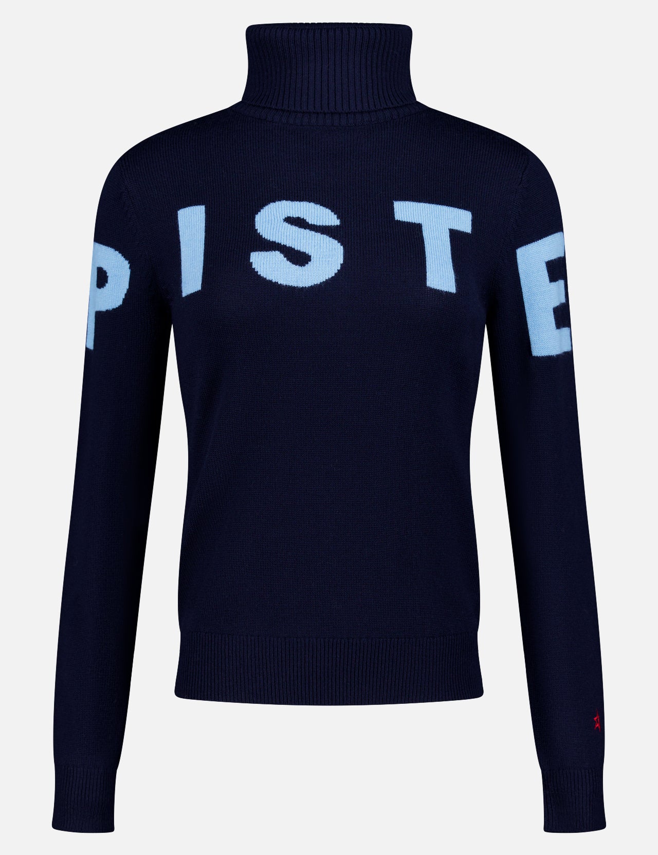The PERFECT MOMENT Piste Slim Sweater II is a navy blue après ski sweater featuring "PISTE" in bold light blue letters across the chest and sleeves, shown against a plain white background.