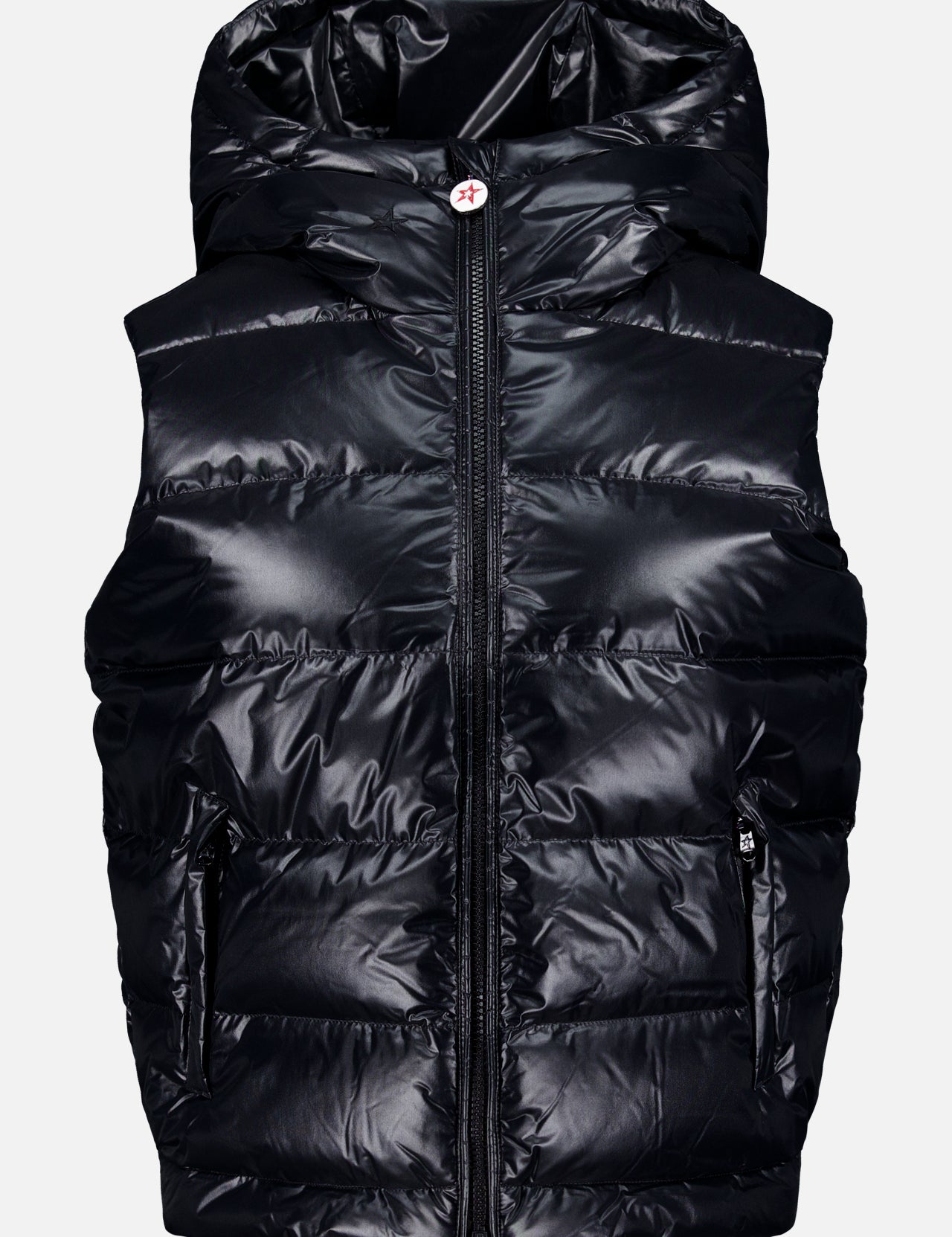 The PERFECT MOMENT Polar Flare Gilet Vest, shown on a white background, features a shiny black finish, hood, front zipper closure, and two zippered side pockets. This lightweight insulated vest keeps you warm and stylish.