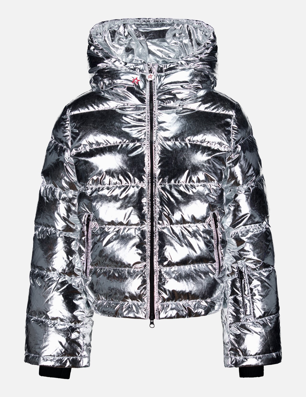 The PERFECT MOMENT Polar Flare Ski Jacket III is a glossy, metallic ski jacket with a hood, front zipper, side zip pockets, black-trimmed cuffs, and water-resistant finish for standout style on the slopes.
