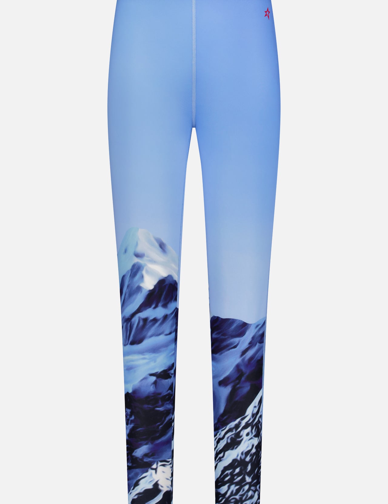 PERFECT MOMENT’s Mountain Printed Base Layer Leggings feature moisture-wicking fabric, a mountain landscape print on the legs, and a navy waistband with “PERFECT MOMENT” in bold white letters.