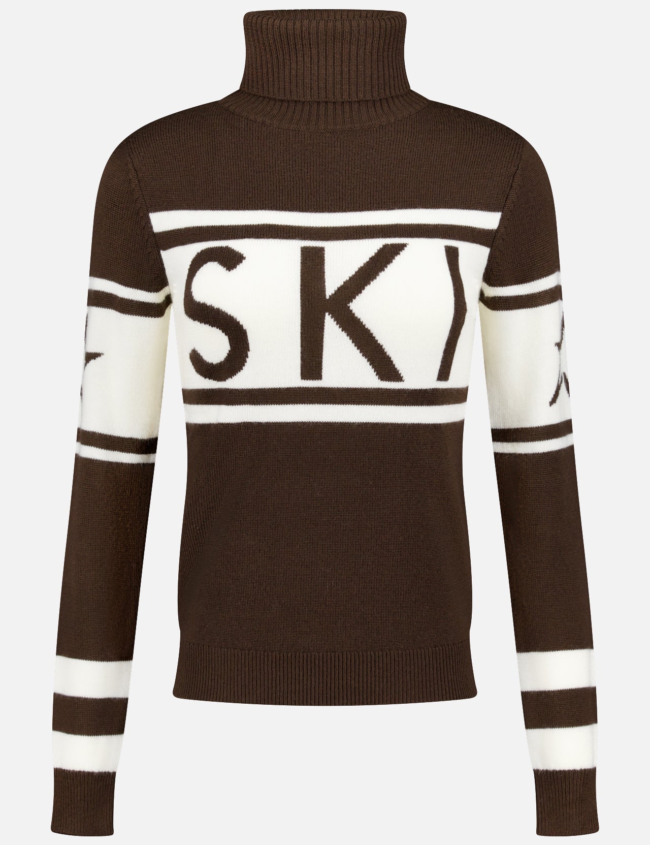 The Schild Fitted Ski Sweater by PERFECT MOMENT is a brown sweater with white stripes, SKI lettering across the front, and star motifs on the arms—an iconic winter sports piece for chilly days.